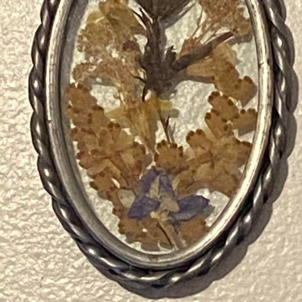 1970's  Vintage Oval Pewter Framed Pressed Flowers